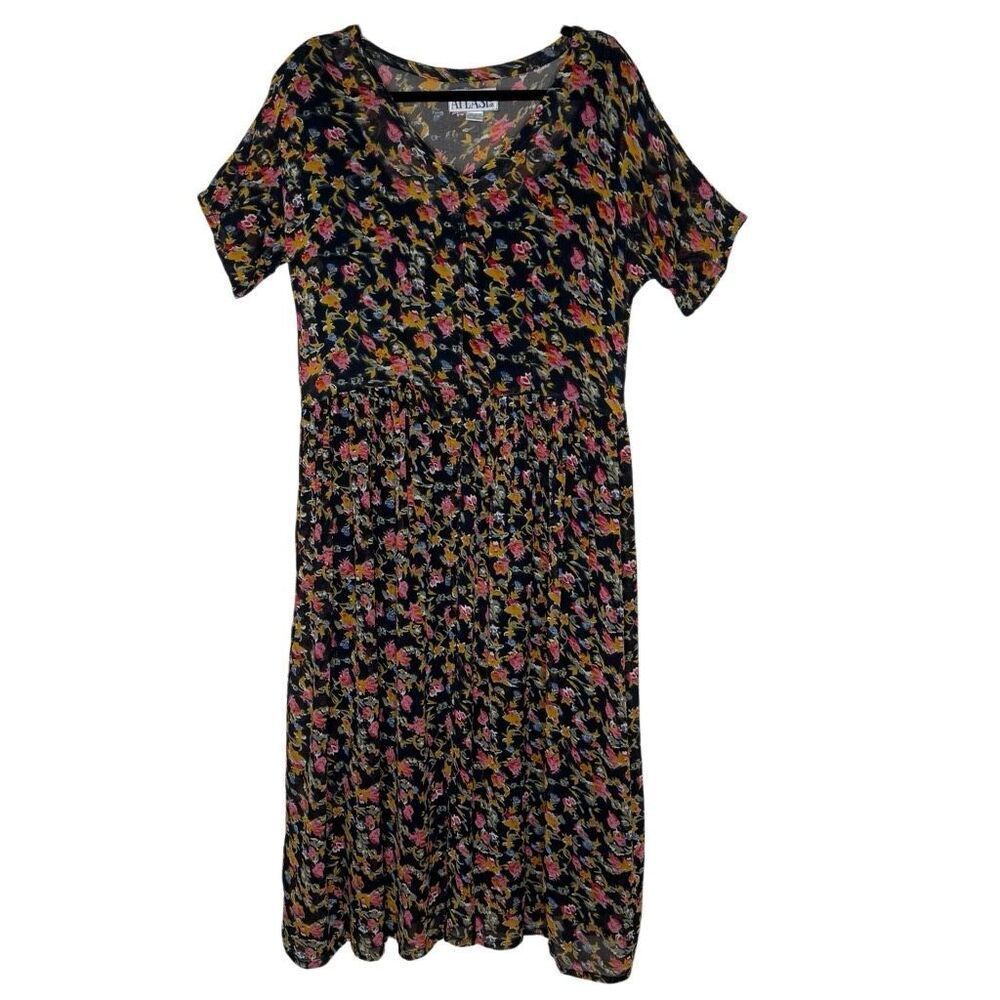 At Last & Co. Dress Black Floral Oversized Dropped Waist Midi Dress Size M Boho